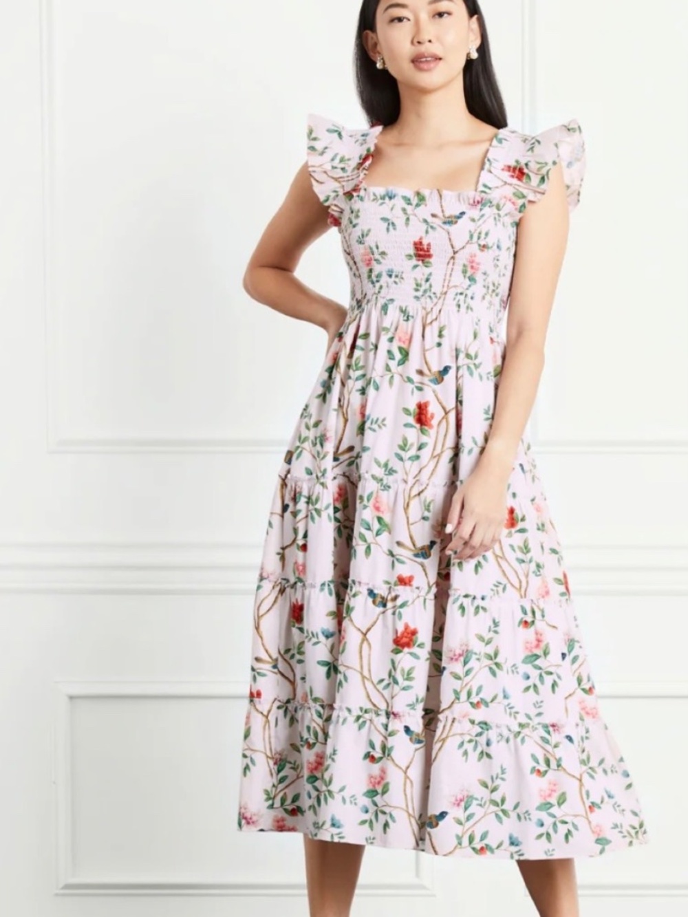 Hill House Home x Diane Hill Ellie Nap Dress Pink Floral Bird Print Smocked Midi - Picture 11 of 11
